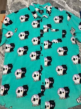 Volcom Teal Skull Print Short Sleeve Button-Up Shirt XXL